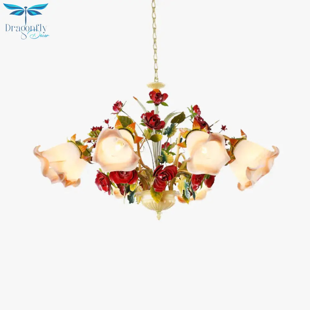 Metal Yellow Chandelier Lighting Fixture Rose 5/8 Bulbs Pastoral Style Led Hanging Ceiling Light