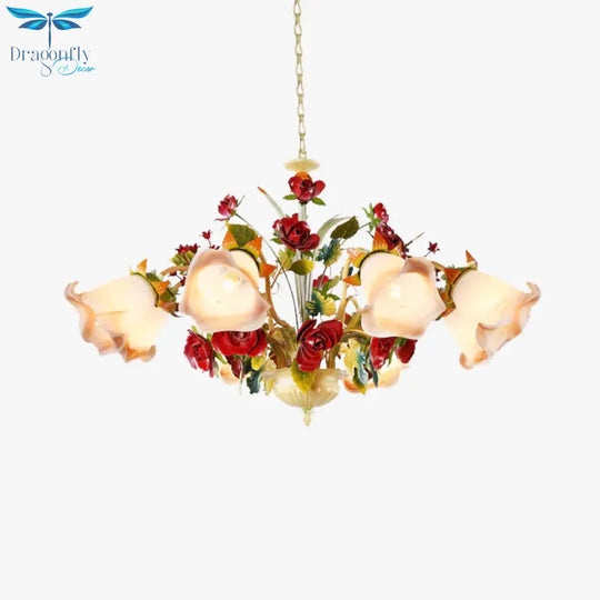 Metal Yellow Chandelier Lighting Fixture Rose 5/8 Bulbs Pastoral Style Led Hanging Ceiling Light