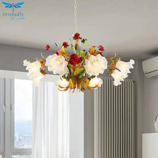 Metal Yellow Chandelier Lighting Flower 3/6/8 Bulbs Vintage Led Hanging Light For Living Room