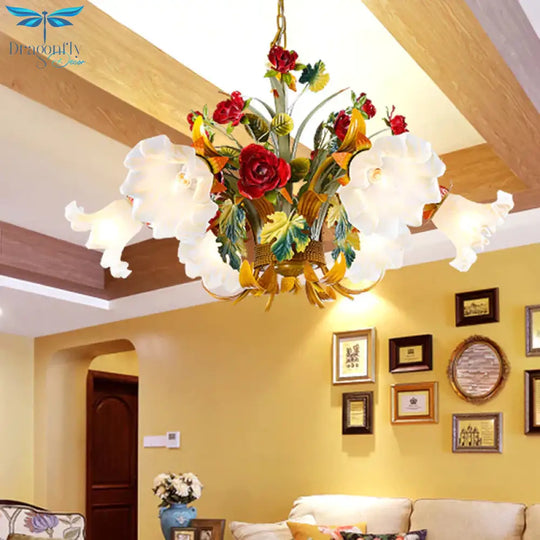 Metal Yellow Chandelier Lighting Flower 3/6/8 Bulbs Vintage Led Hanging Light For Living Room