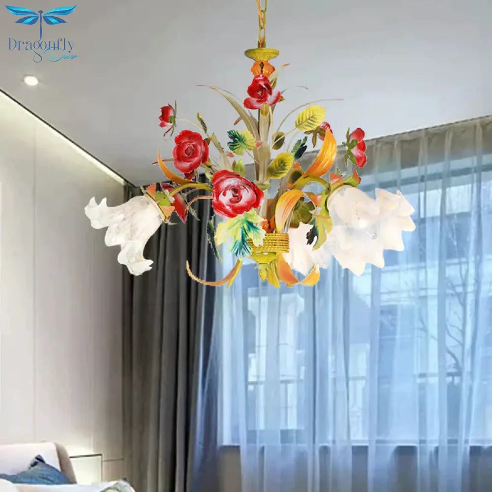 Metal Yellow Chandelier Lighting Flower 3/6/8 Bulbs Vintage Led Hanging Light For Living Room