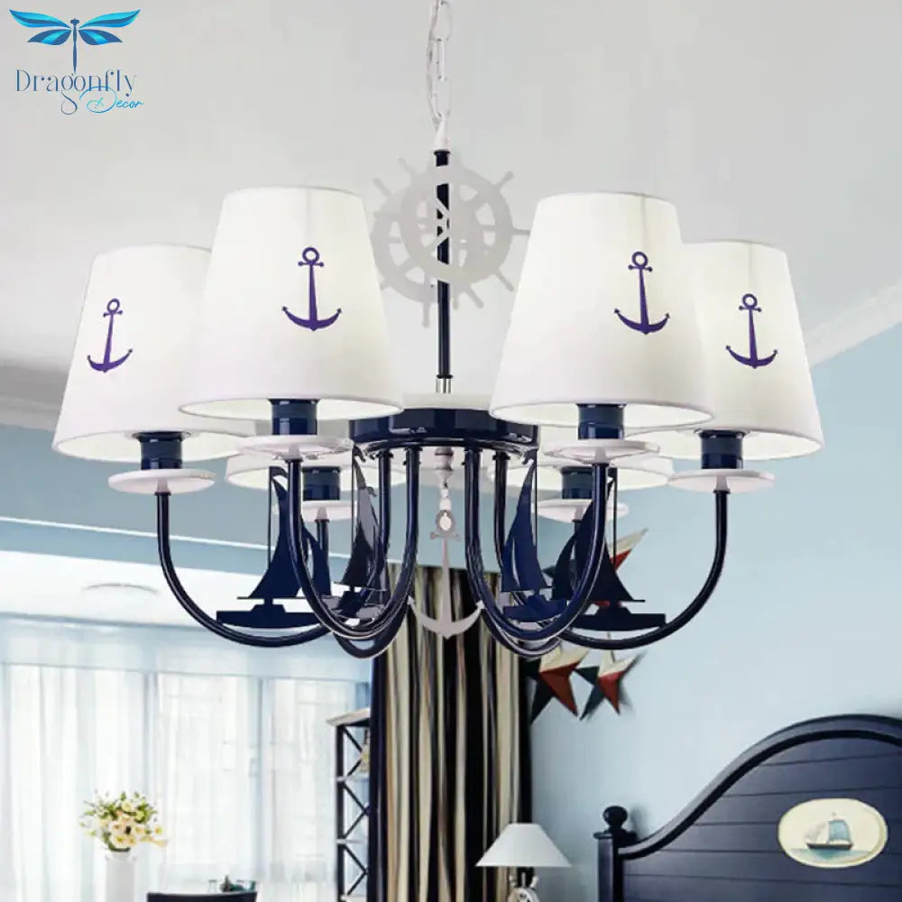 Metallic Arched Arm Pendant Ceiling Light Kids 5/6 Bulbs Blue Hanging Chandelier With Tapered White