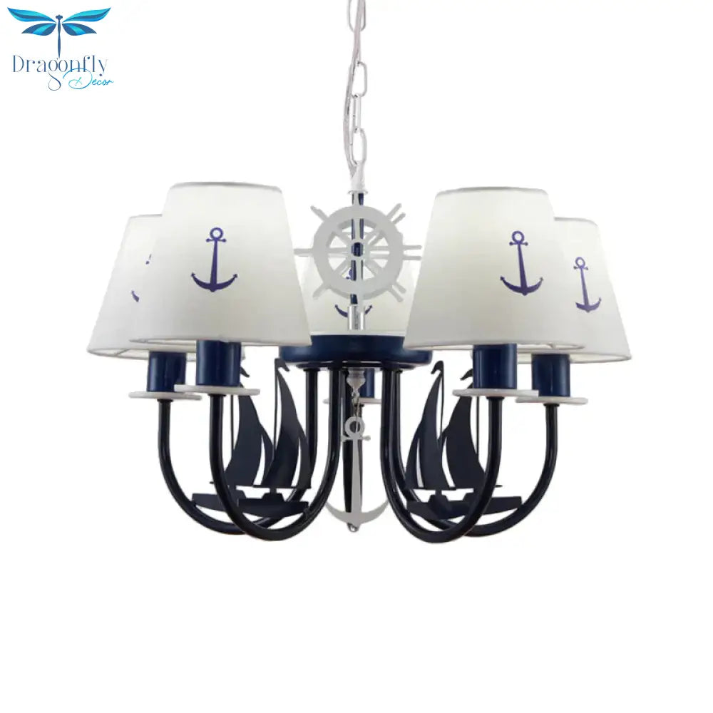Metallic Arched Arm Pendant Ceiling Light Kids 5/6 Bulbs Blue Hanging Chandelier With Tapered White