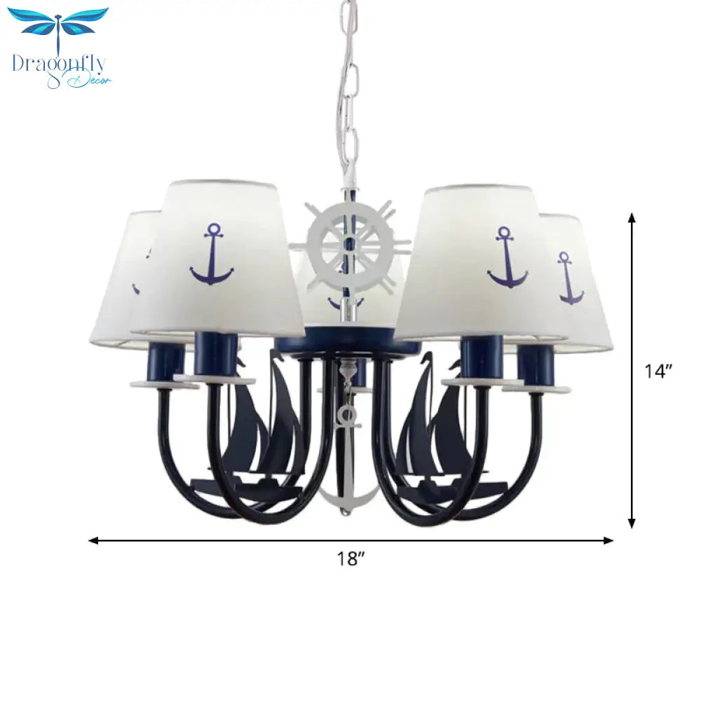 Metallic Arched Arm Pendant Ceiling Light Kids 5/6 Bulbs Blue Hanging Chandelier With Tapered White