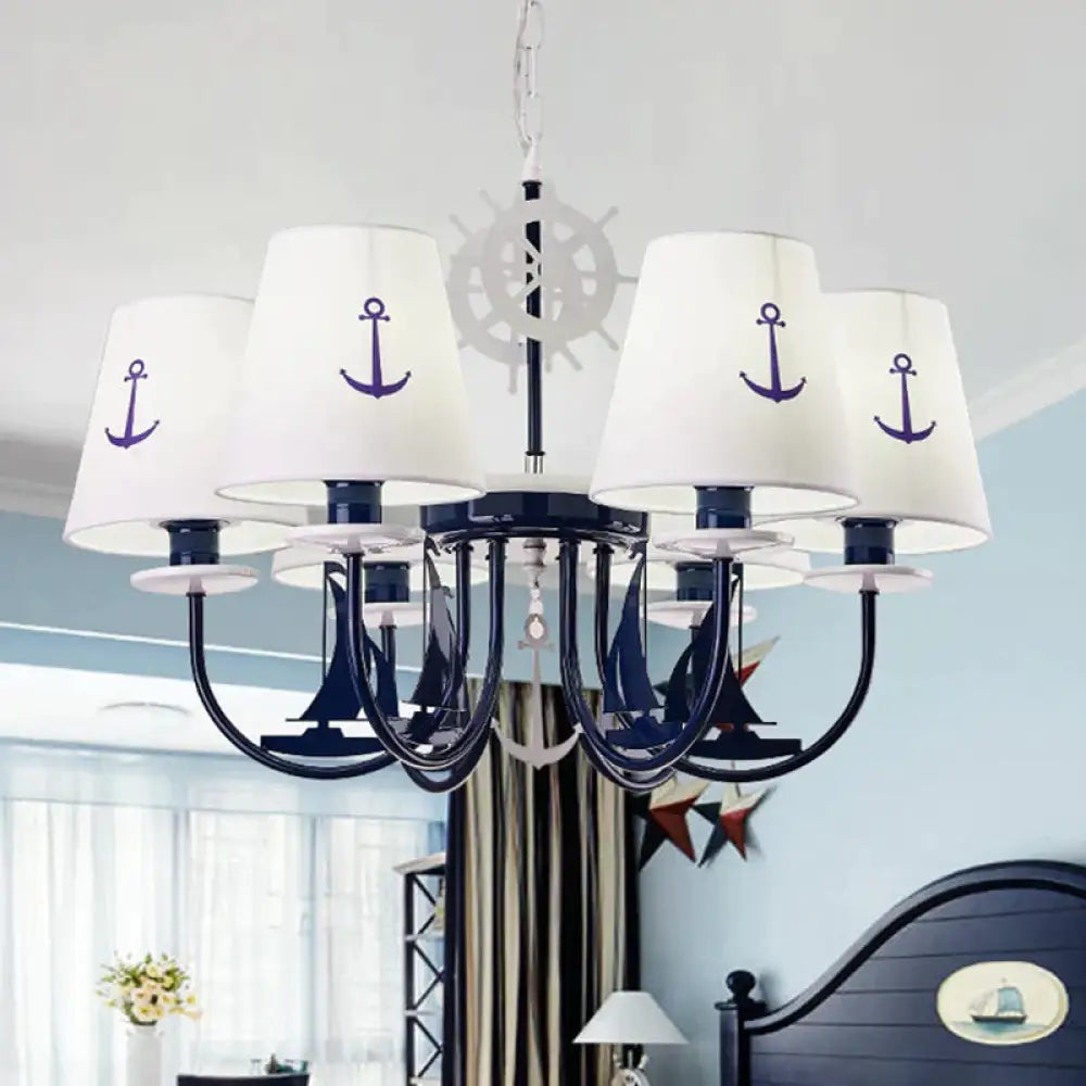 Metallic Arched Arm Pendant Ceiling Light Kids 5/6 Bulbs Blue Hanging Chandelier With Tapered White