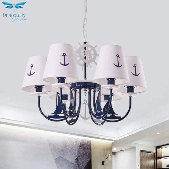 Metallic Arched Arm Pendant Ceiling Light Kids 5/6 Bulbs Blue Hanging Chandelier With Tapered White