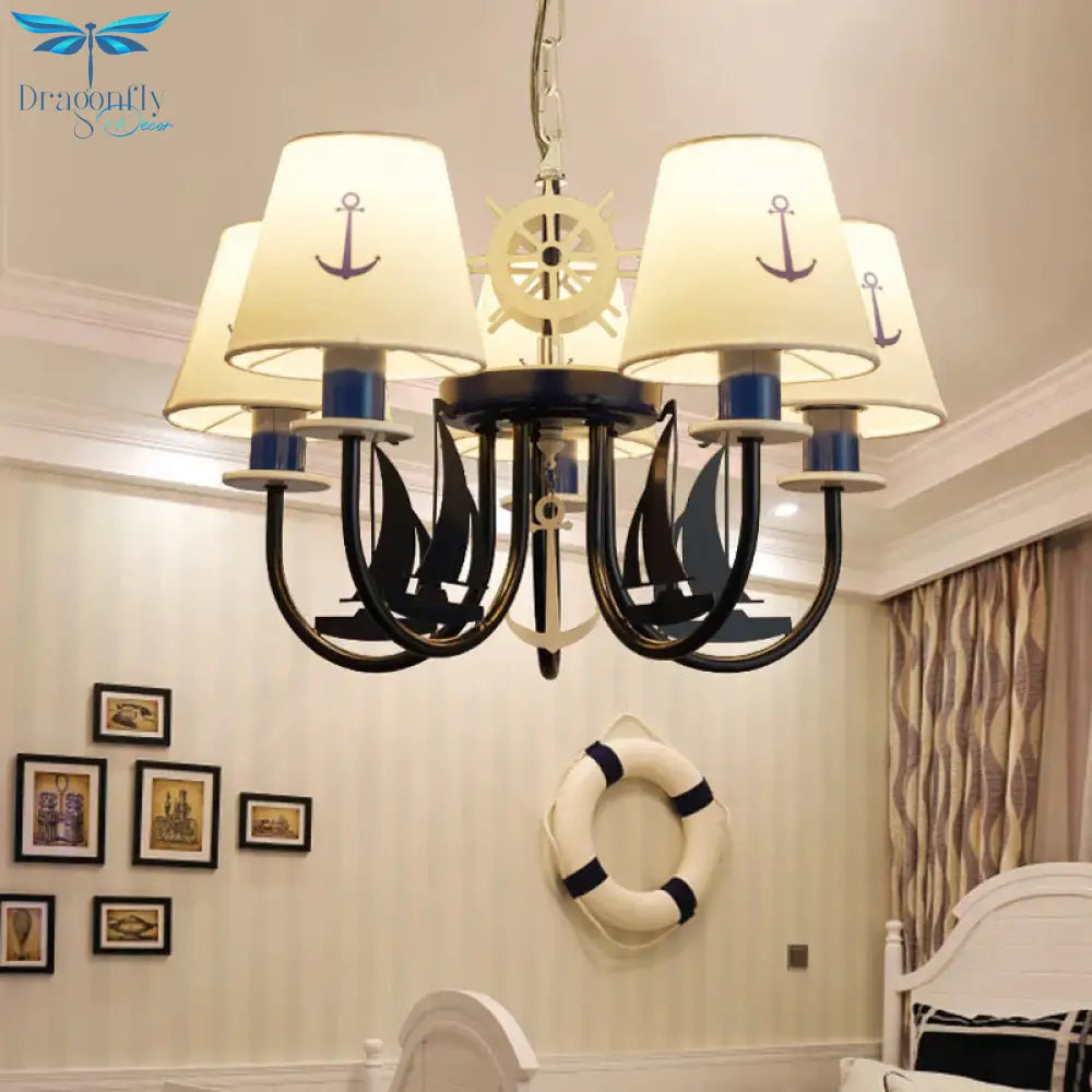 Metallic Arched Arm Pendant Ceiling Light Kids 5/6 Bulbs Blue Hanging Chandelier With Tapered White
