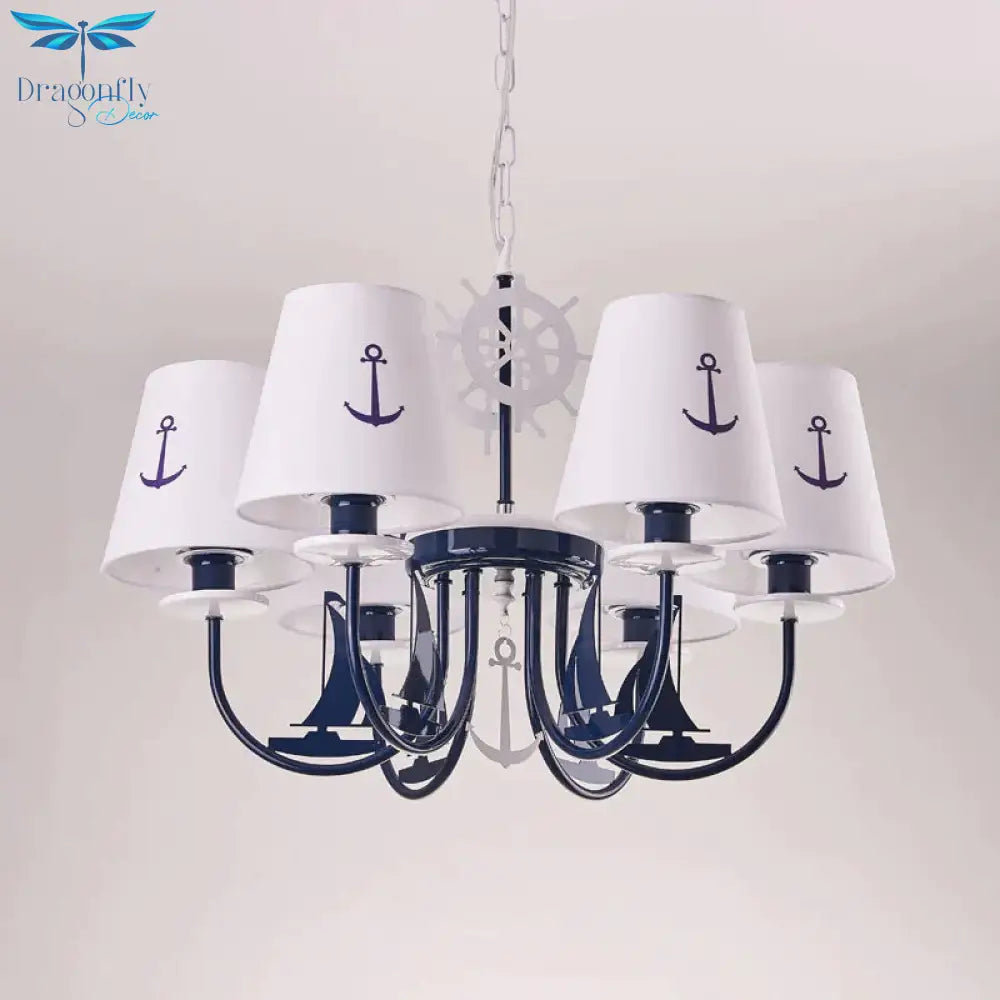 Metallic Arched Arm Pendant Ceiling Light Kids 5/6 Bulbs Blue Hanging Chandelier With Tapered White