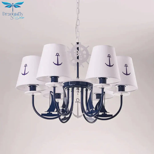 Metallic Arched Arm Pendant Ceiling Light Kids 5/6 Bulbs Blue Hanging Chandelier With Tapered White