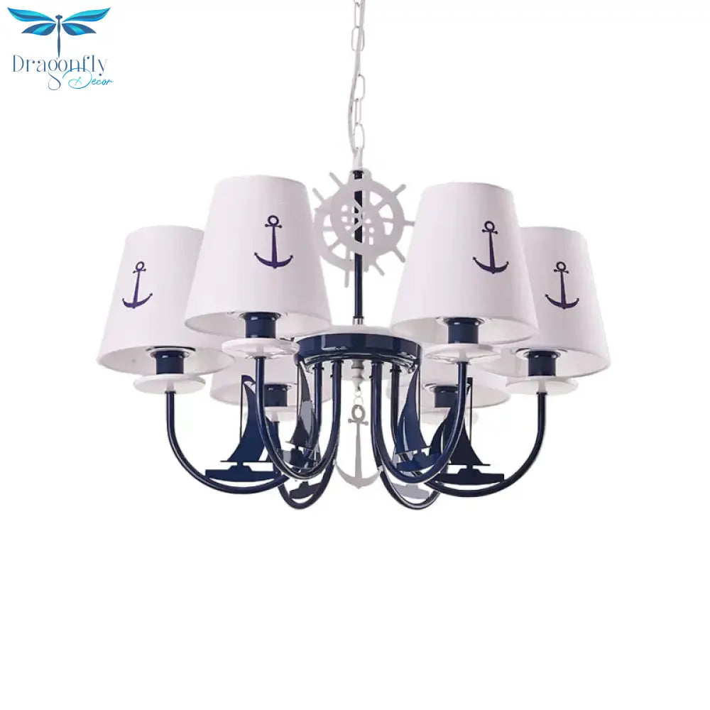 Metallic Arched Arm Pendant Ceiling Light Kids 5/6 Bulbs Blue Hanging Chandelier With Tapered White