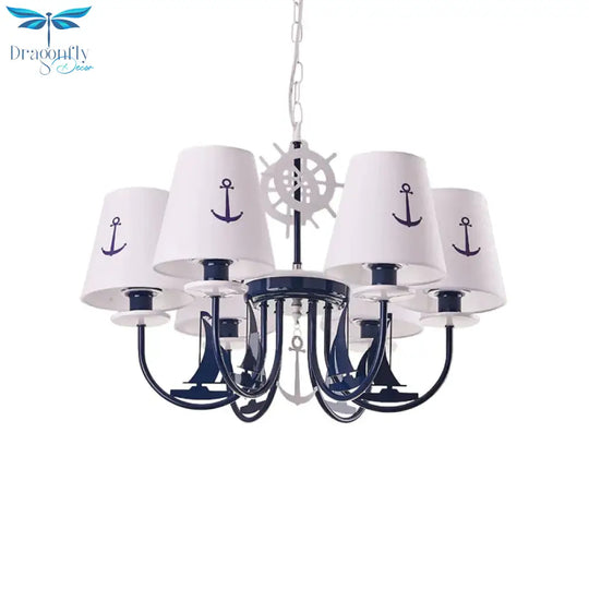 Metallic Arched Arm Pendant Ceiling Light Kids 5/6 Bulbs Blue Hanging Chandelier With Tapered White
