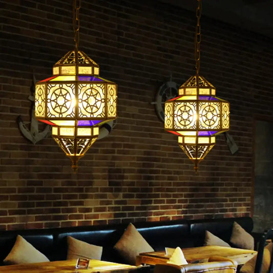 Metallic Brass Pendant Light Lantern 1 - Head Southeast Asia Hanging Lamp With Clear Glass Shade