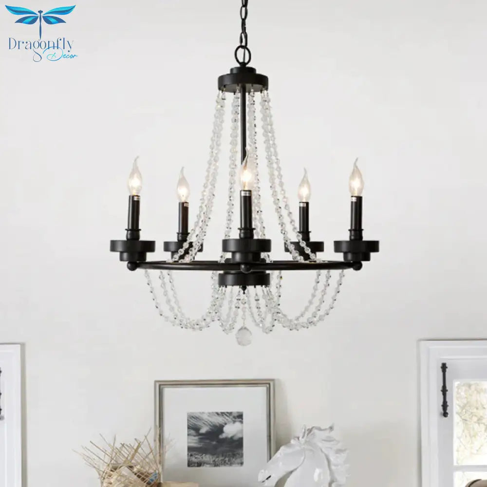 Metallic Candlestick Suspension Lamp Retro 5 - Light Restaurant Hanging Chandelier In Black With