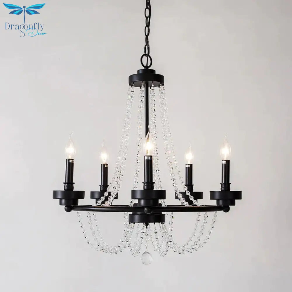 Metallic Candlestick Suspension Lamp Retro 5 - Light Restaurant Hanging Chandelier In Black With
