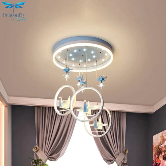 Metallic Circular Hanging Chandelier Kids Led Pendant Light In Blue With Paper Cranes Decor