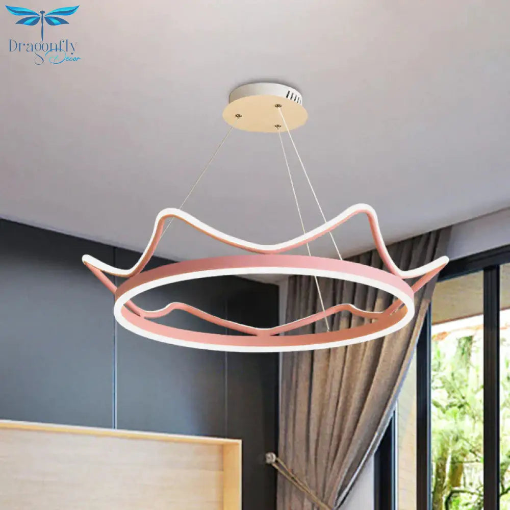 Metallic Crown Shape Suspension Light Nordic Led Pendant Chandelier In Pink/Gold For Kids Bedroom