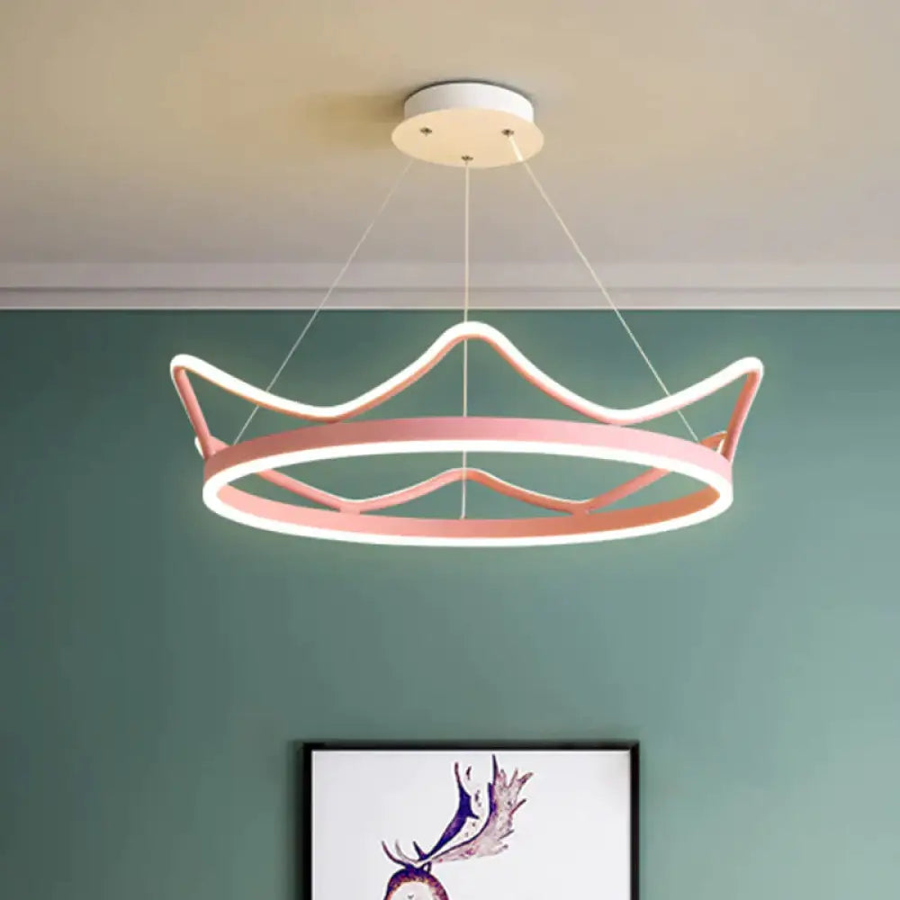 Metallic Crown Shape Suspension Light Nordic Led Pendant Chandelier In Pink/Gold For Kids Bedroom