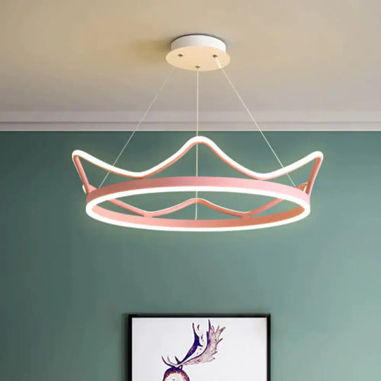 Metallic Crown Shape Suspension Light Nordic Led Pendant Chandelier In Pink/Gold For Kids Bedroom