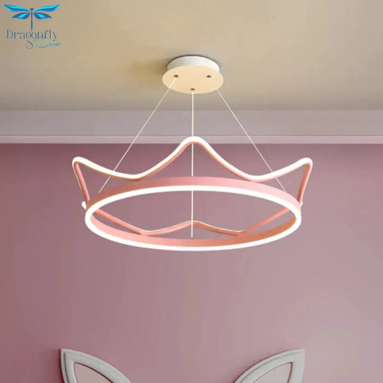 Metallic Crown Shape Suspension Light Nordic Led Pendant Chandelier In Pink/Gold For Kids Bedroom