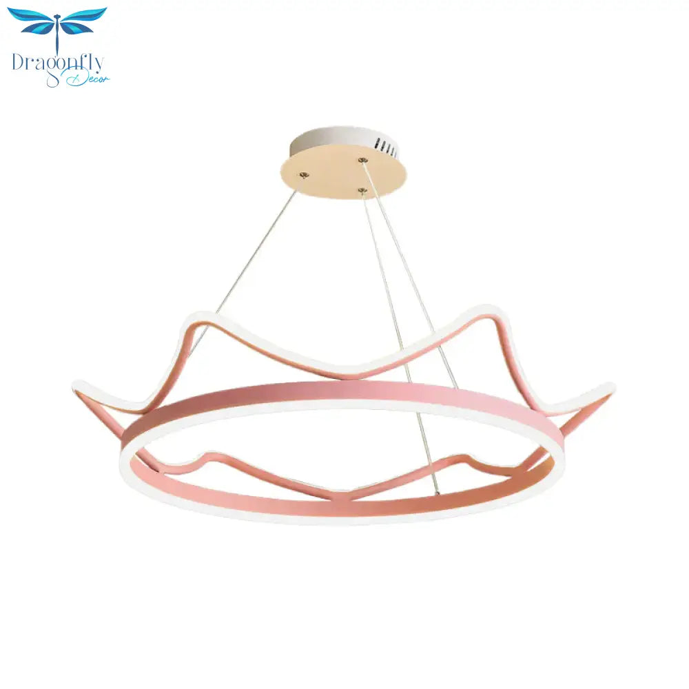 Metallic Crown Shape Suspension Light Nordic Led Pendant Chandelier In Pink/Gold For Kids Bedroom