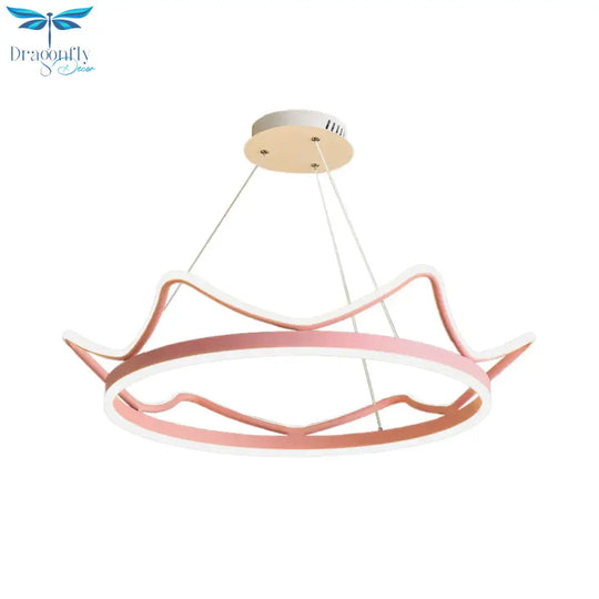 Metallic Crown Shape Suspension Light Nordic Led Pendant Chandelier In Pink/Gold For Kids Bedroom