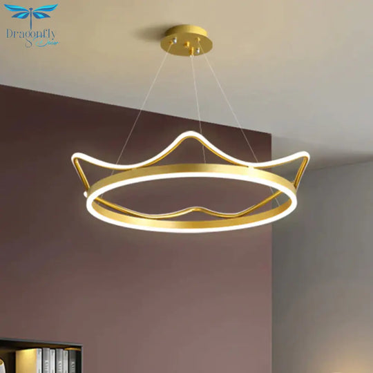 Metallic Crown Shape Suspension Light Nordic Led Pendant Chandelier In Pink/Gold For Kids Bedroom