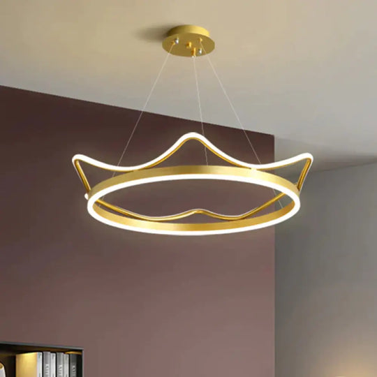 Metallic Crown Shape Suspension Light Nordic Led Pendant Chandelier In Pink/Gold For Kids Bedroom