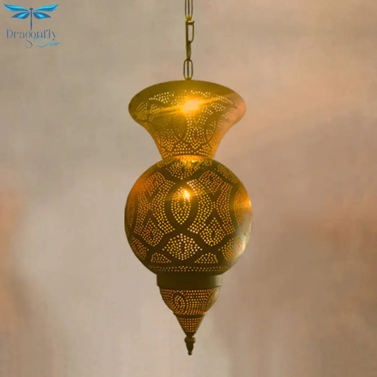 Metallic Vase/Gourd Pendant Lamp Vintage 3 - Head Coffee House Hanging Chandelier In Brass