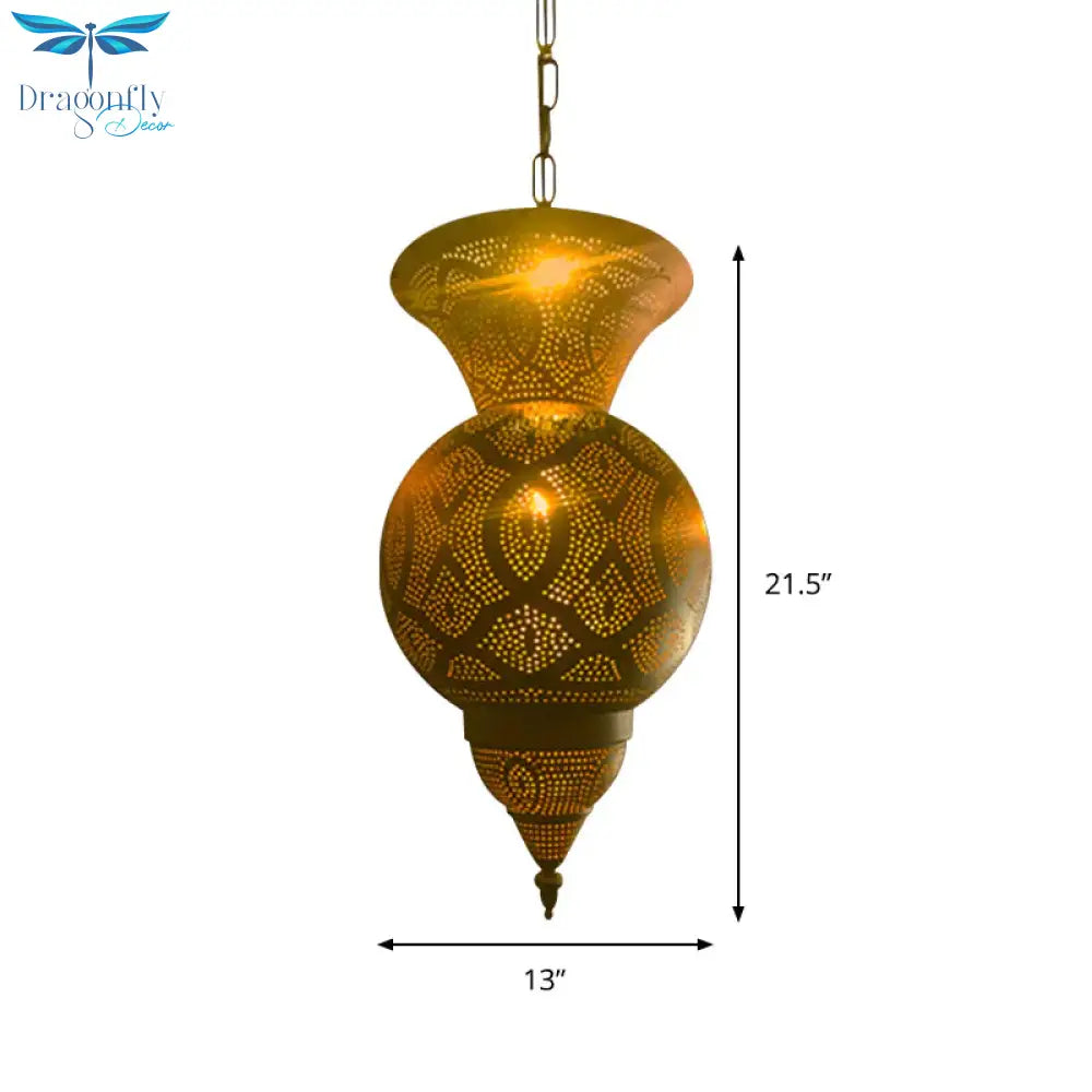 Metallic Vase/Gourd Pendant Lamp Vintage 3 - Head Coffee House Hanging Chandelier In Brass