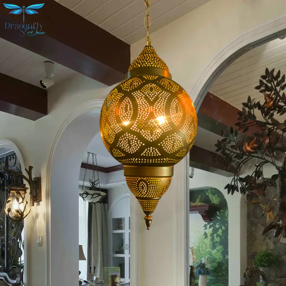 Metallic Vase/Gourd Pendant Lamp Vintage 3 - Head Coffee House Hanging Chandelier In Brass