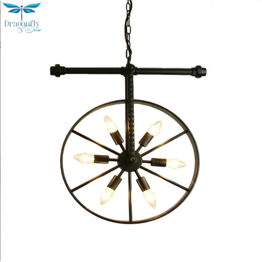 Metallic Wheel Chandelier Lamp Art Deco 6 Lights White/Black/Rust Pendant Ceiling Light For