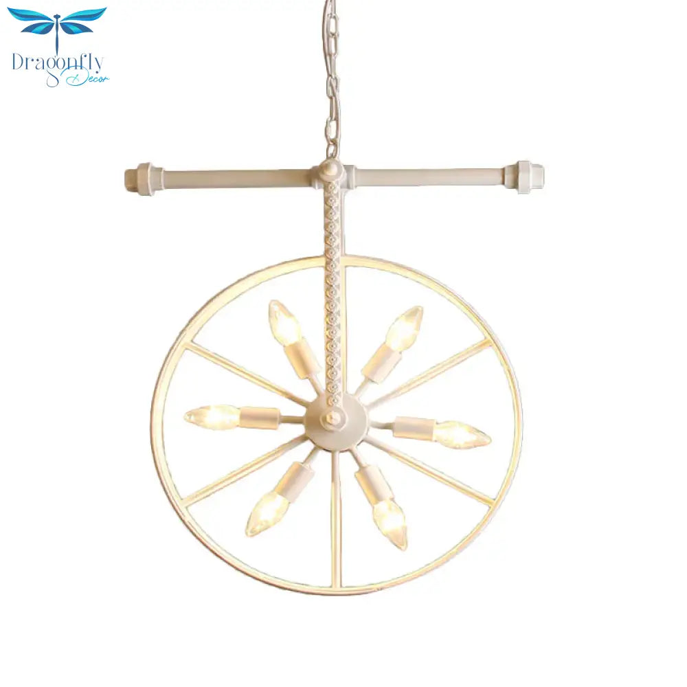 Metallic Wheel Chandelier Lamp Art Deco 6 Lights White/Black/Rust Pendant Ceiling Light For