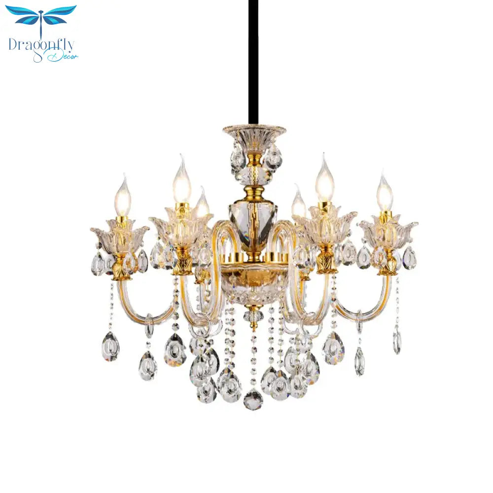 Mid - Century Candle Chandelier 6 Heads Clear Crystal Suspension Pendant Light In Gold For Bedroom