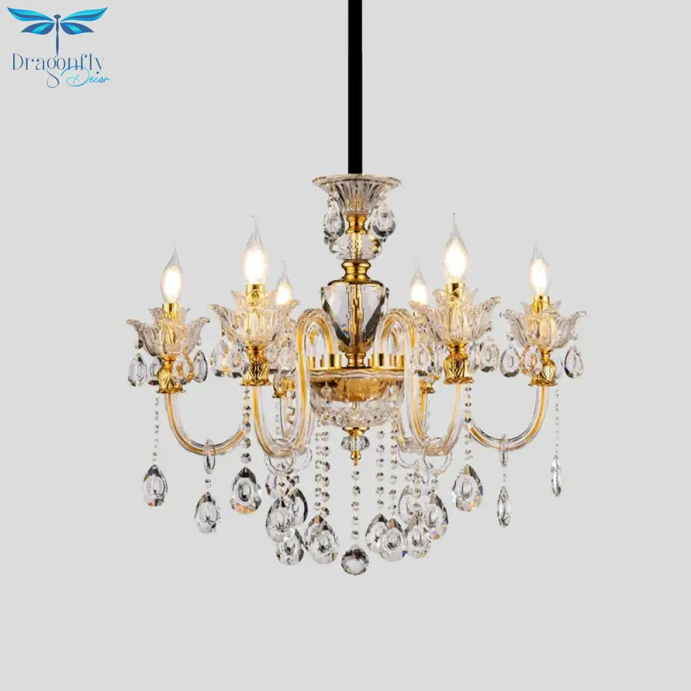 Mid - Century Candle Chandelier 6 Heads Clear Crystal Suspension Pendant Light In Gold For Bedroom