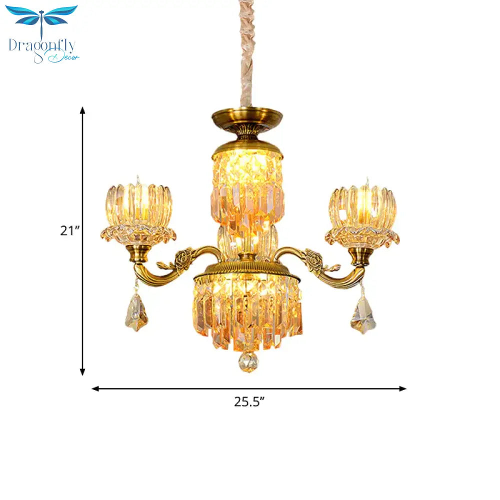 Mid Century Floral Ceiling Chandelier 3 Heads Amber Crystal Pendulum Light In Brass