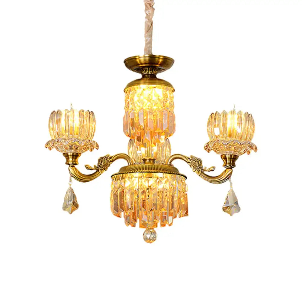Mid Century Floral Ceiling Chandelier 3 Heads Amber Crystal Pendulum Light In Brass