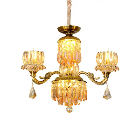 Mid Century Floral Ceiling Chandelier 3 Heads Amber Crystal Pendulum Light In Brass