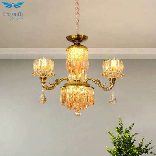 Mid Century Floral Ceiling Chandelier 3 Heads Amber Crystal Pendulum Light In Brass
