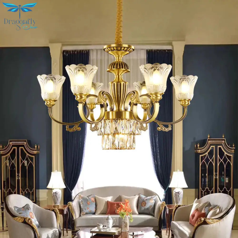 Mid - Century Floral Shade Pendant Chandelier 9 - Head Prismatic Optical Crystal Pendulum Light In
