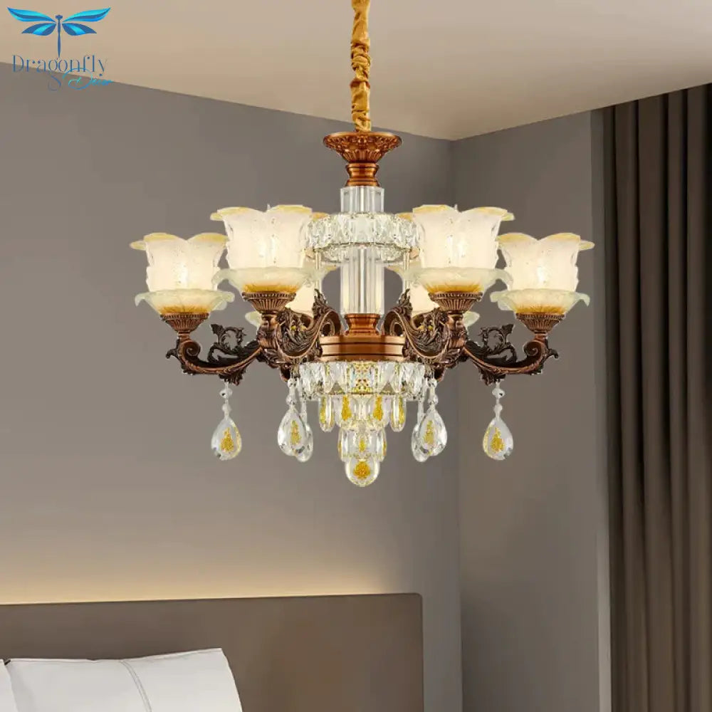 Mid Century Flower Chandelier Lighting Frosted Glass 6 Lights Living Room Pendulum Lamp In Brown