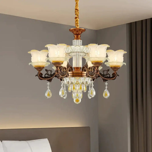 Mid Century Flower Chandelier Lighting Frosted Glass 6 Lights Living Room Pendulum Lamp In Brown