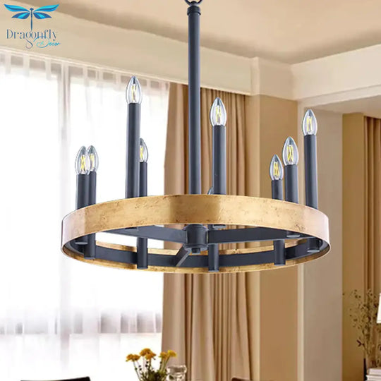 Mid - Century Wheel Chandelier 9/12 Heads Metal Ceiling Suspension Lamp In Black - Gold With Candle