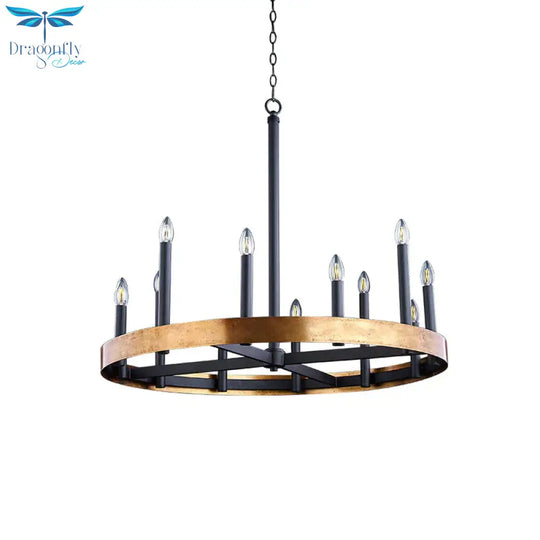 Mid - Century Wheel Chandelier 9/12 Heads Metal Ceiling Suspension Lamp In Black - Gold With Candle