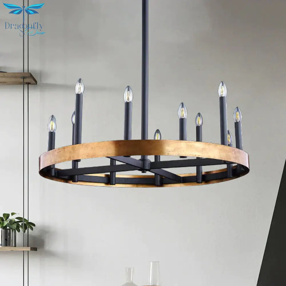 Mid - Century Wheel Chandelier 9/12 Heads Metal Ceiling Suspension Lamp In Black - Gold With Candle