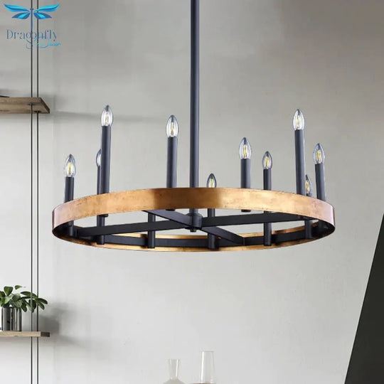 Mid - Century Wheel Chandelier 9/12 Heads Metal Ceiling Suspension Lamp In Black - Gold With Candle