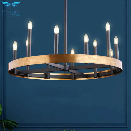 Mid - Century Wheel Chandelier 9/12 Heads Metal Ceiling Suspension Lamp In Black - Gold With Candle