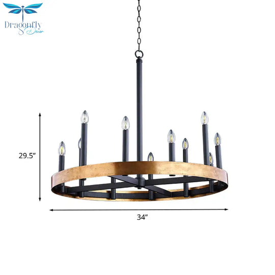 Mid - Century Wheel Chandelier 9/12 Heads Metal Ceiling Suspension Lamp In Black - Gold With Candle