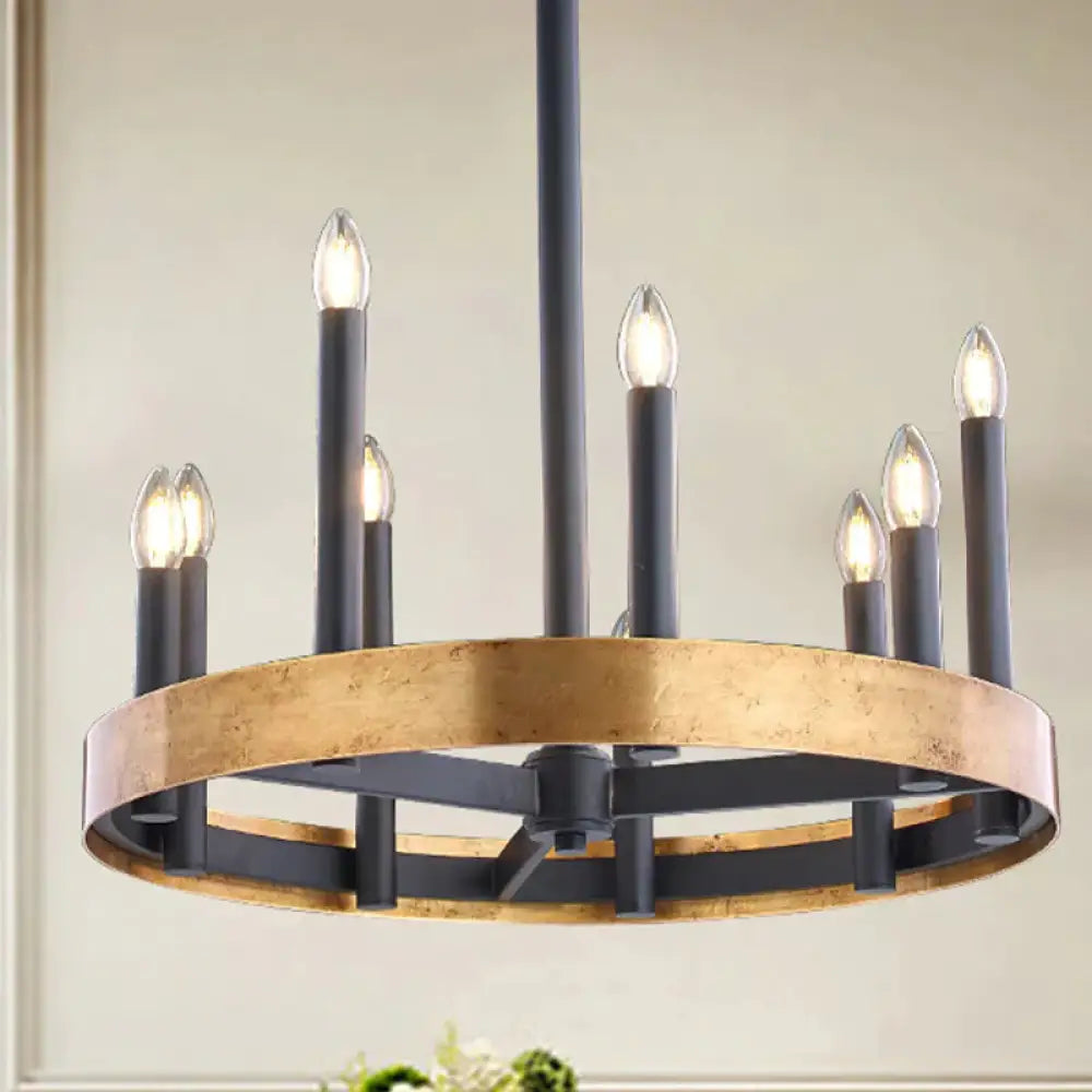 Mid - Century Wheel Chandelier 9/12 Heads Metal Ceiling Suspension Lamp In Black - Gold With Candle