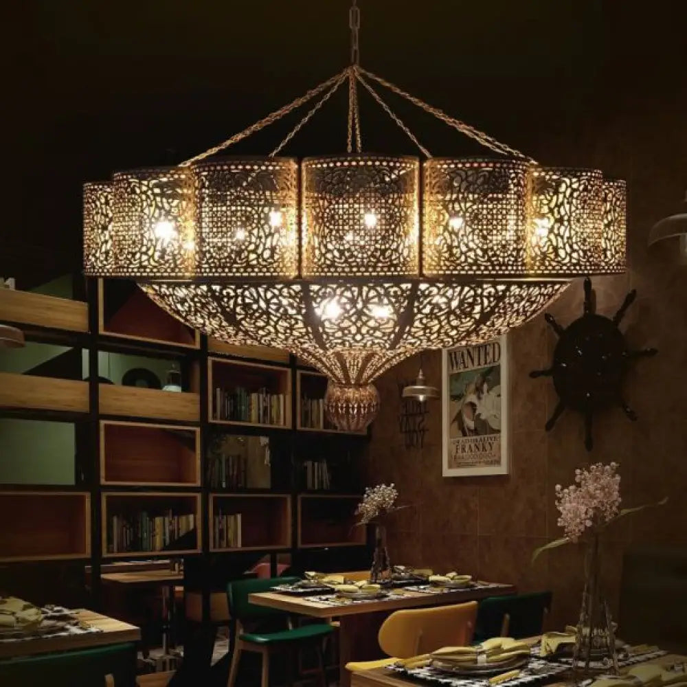Middle Eastern Style 11 Head Metallic Ceiling Chandelier In Brass With Hollow - Cut Design