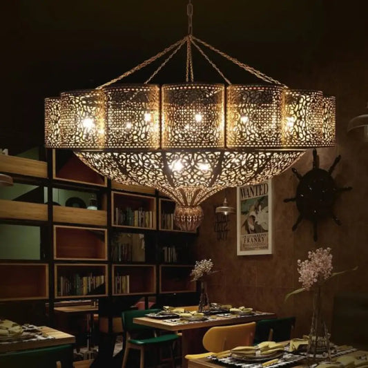Middle Eastern Style 11 Head Metallic Ceiling Chandelier In Brass With Hollow - Cut Design
